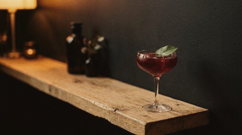 A signature cocktail in a coupe on a wooden shelf, in Stillroom's half-light
