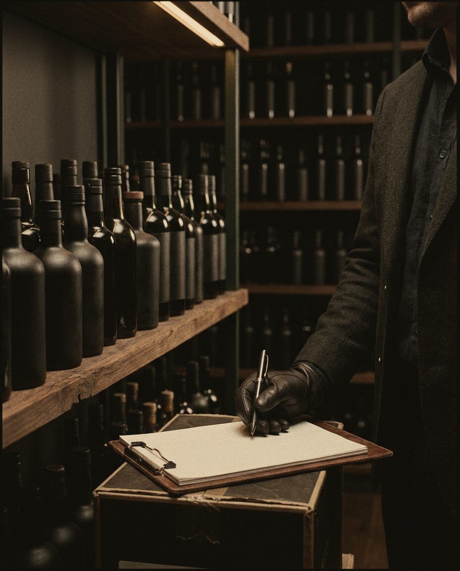 Bottle stock in a cocktail bar's cellar.