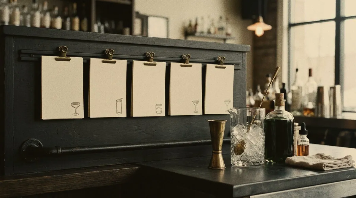 Cocktail spec sheets pinned up at a bar station