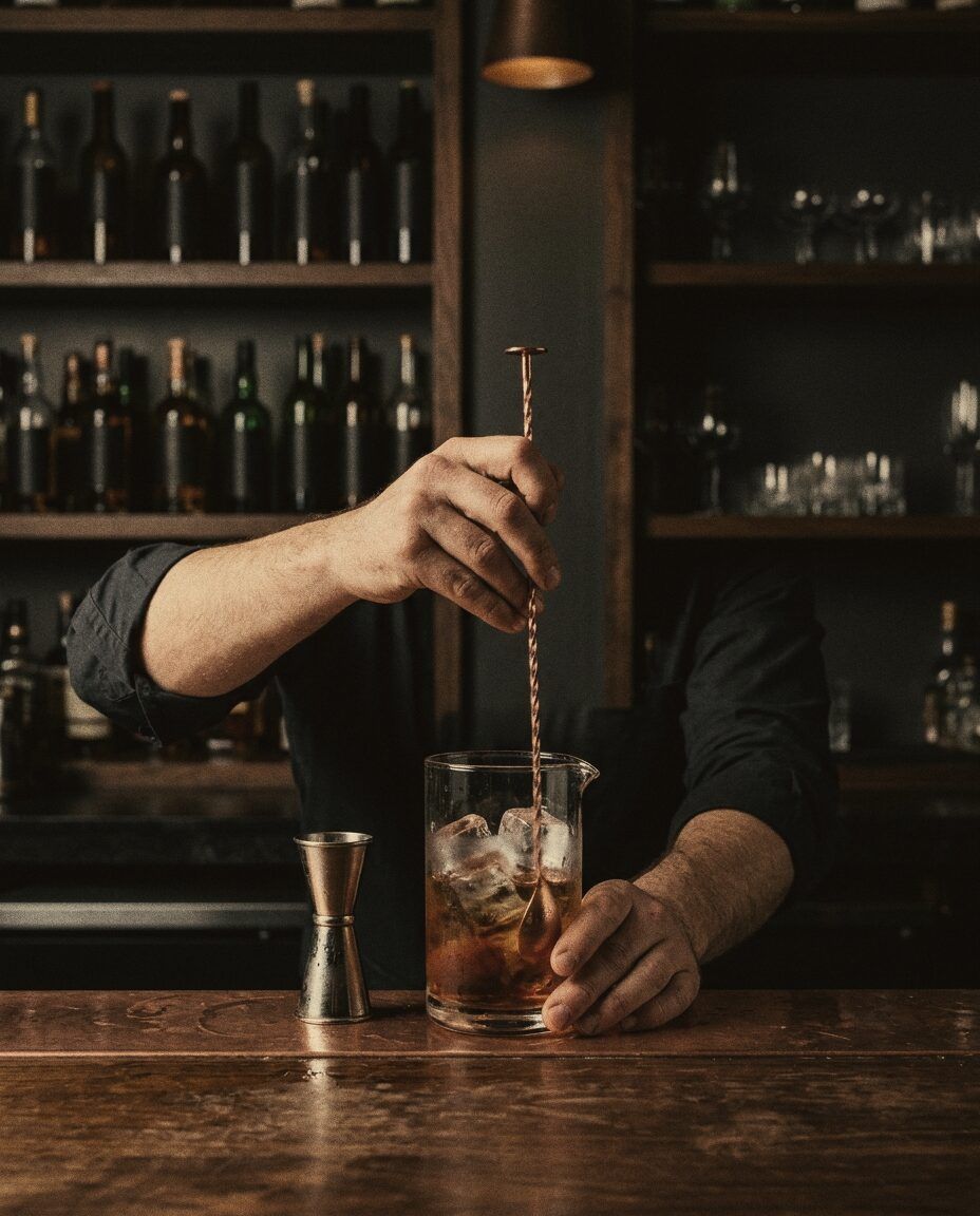 Manos de un bartender removiendo un cóctel en vaso mezclador sobre la barra.