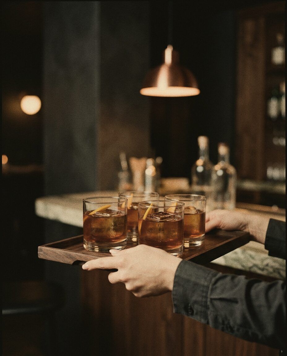 A tray of identical cocktails ready for service at an event.