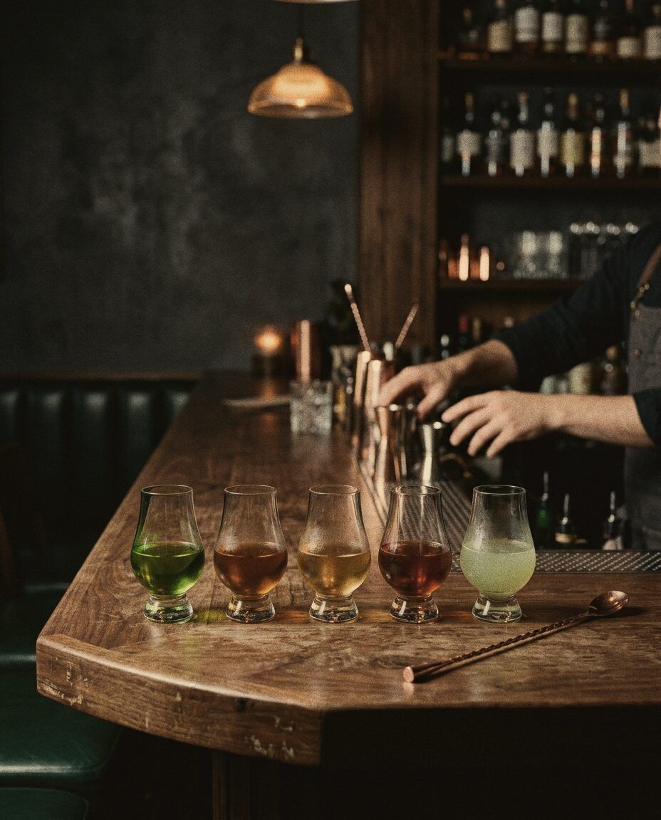 A row of five tasting glasses, each with a different cocktail being tested.