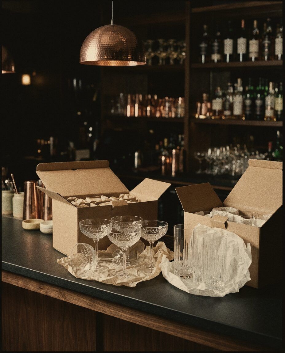 New glassware unpacked on the bar during the fit-out.