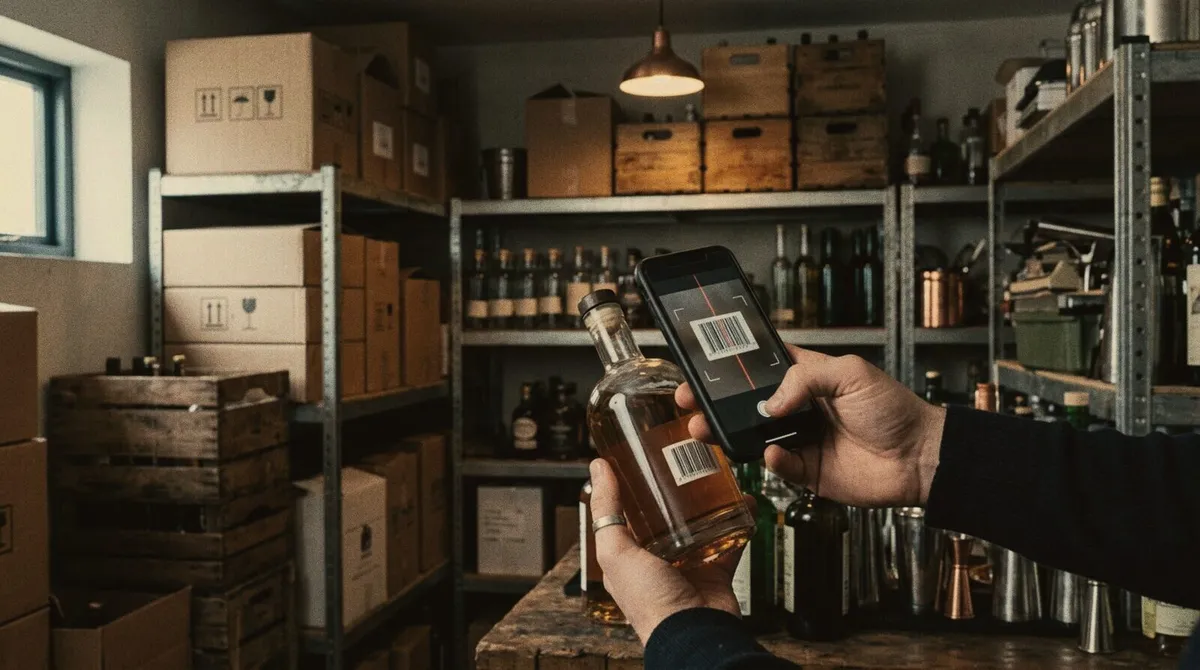 Counting bottles in the bar stockroom with a phone