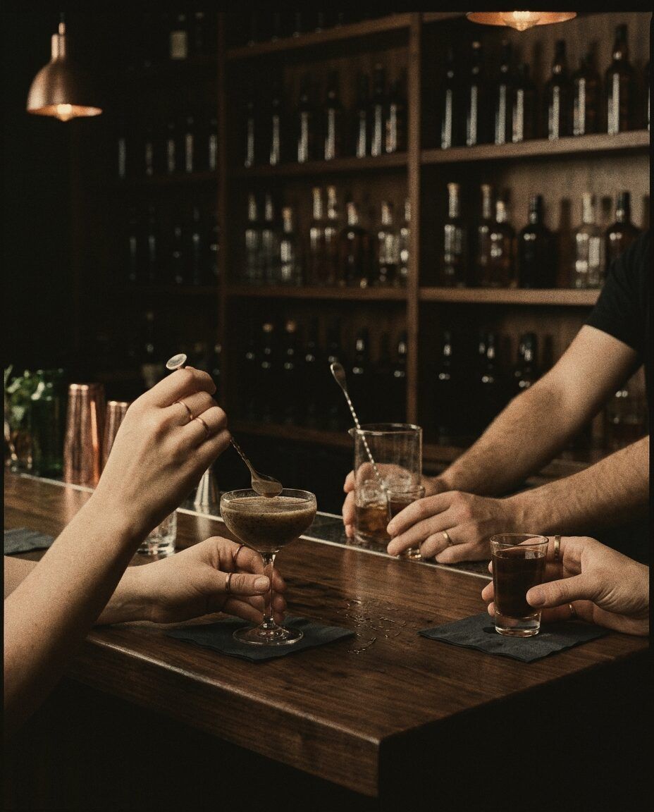 Team members' hands with tasting glasses and a bar spoon during a training session.