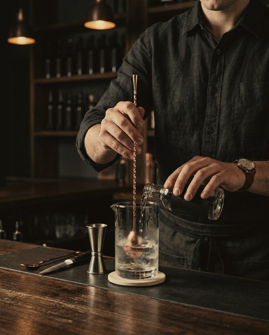 A young bartender's hands practising with the bar spoon.