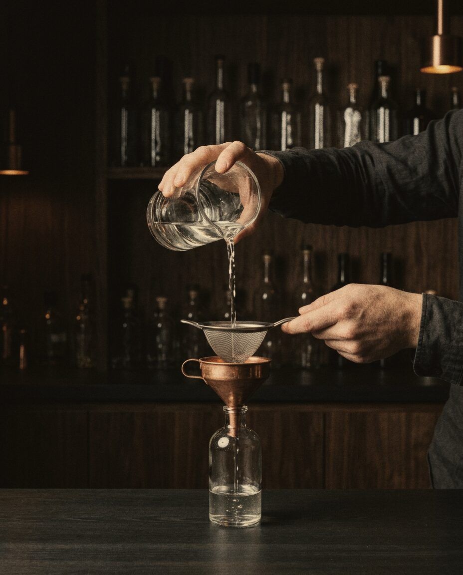 Hands straining a cordial into a glass bottle in the lab.