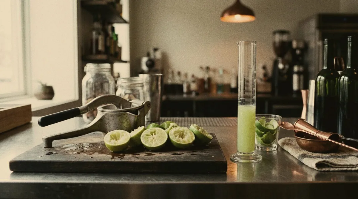 Squeezed limes next to a measuring cylinder of juice to calculate the real yield of the fruit