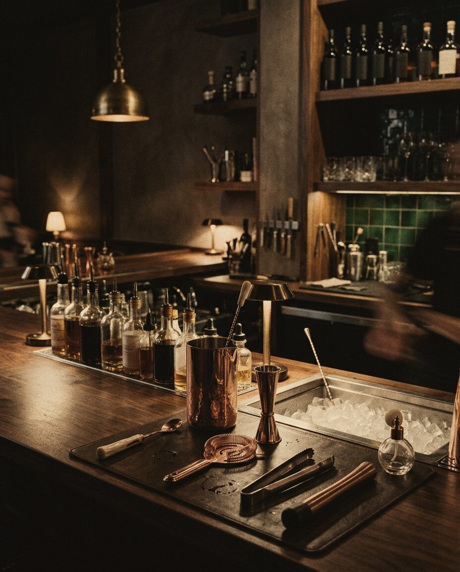 A perfectly organised bar station, with a speed rail and tools.