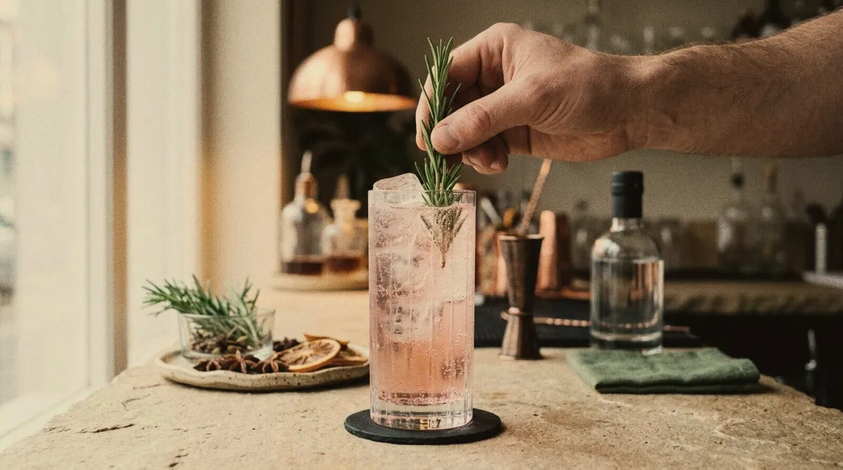 A hand finishing a zero-proof cocktail with a sprig of rosemary