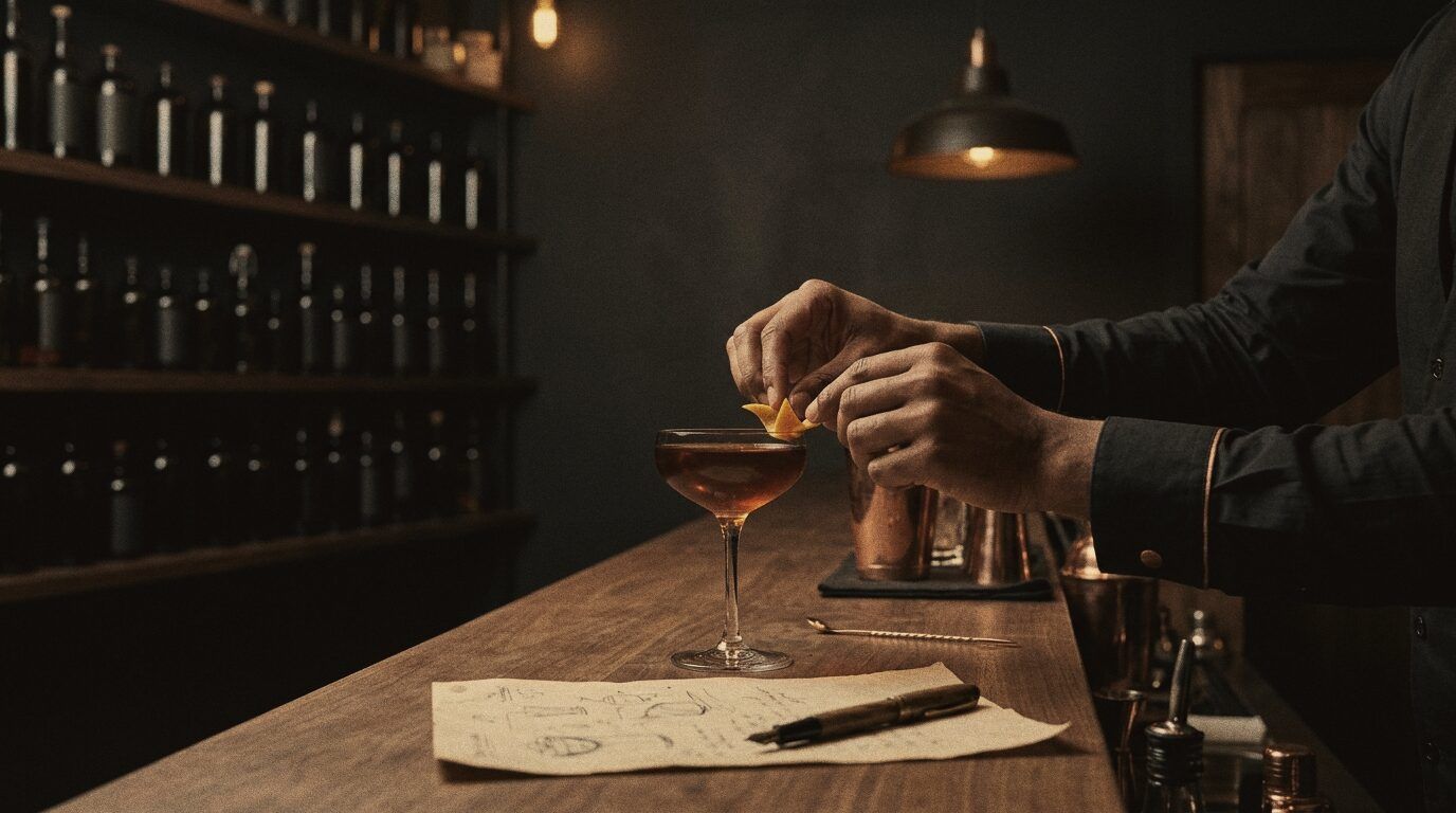 Hands adjusting a cocktail garnish beside sketches for a menu in development.