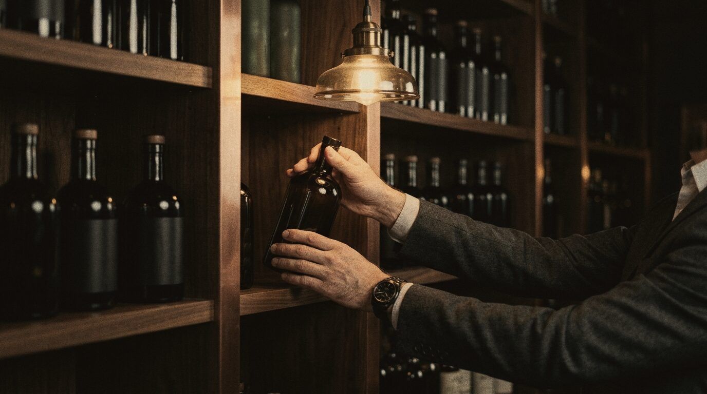 Hands placing bottles on the newly built back bar.