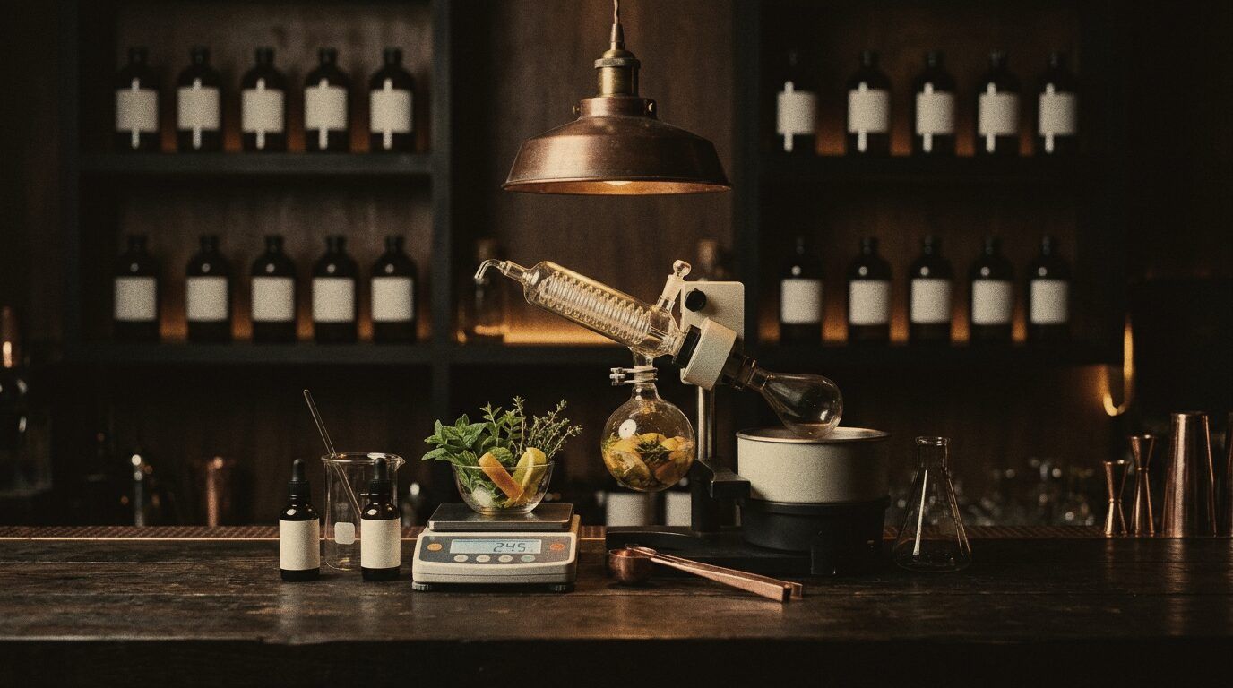 Lab equipment, scales, citrus fruit and herbs on a dark workbench.