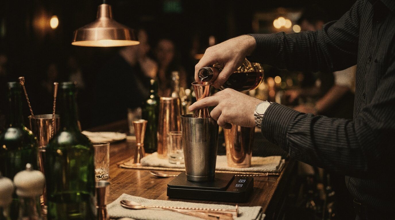 Hands measuring a pour with a jigger over a set of scales.