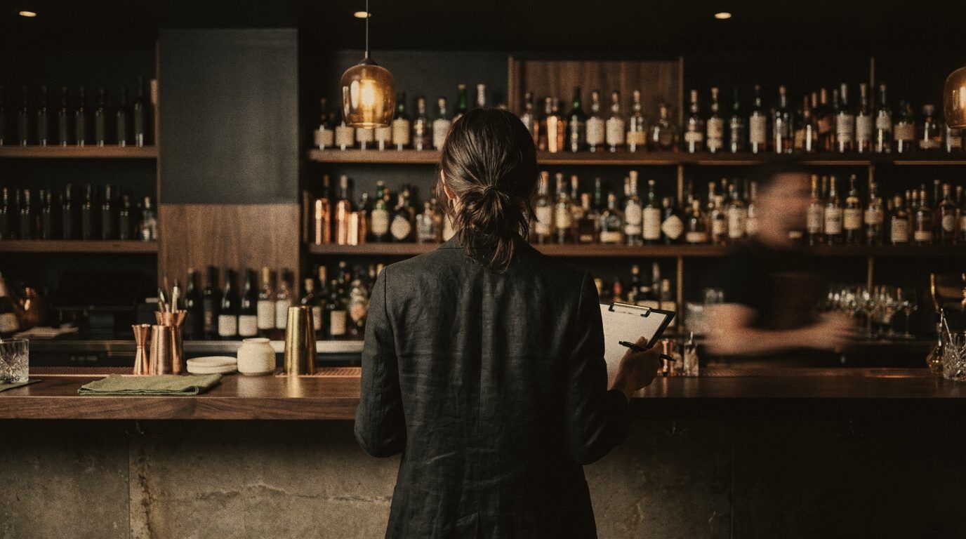 A person, seen from behind, checking the back bar of a cocktail bar.