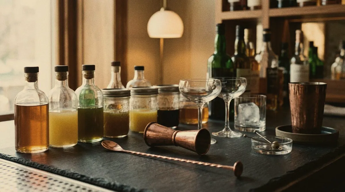 A tidy professional bar station with jars of prepared bases and cordials ready for service