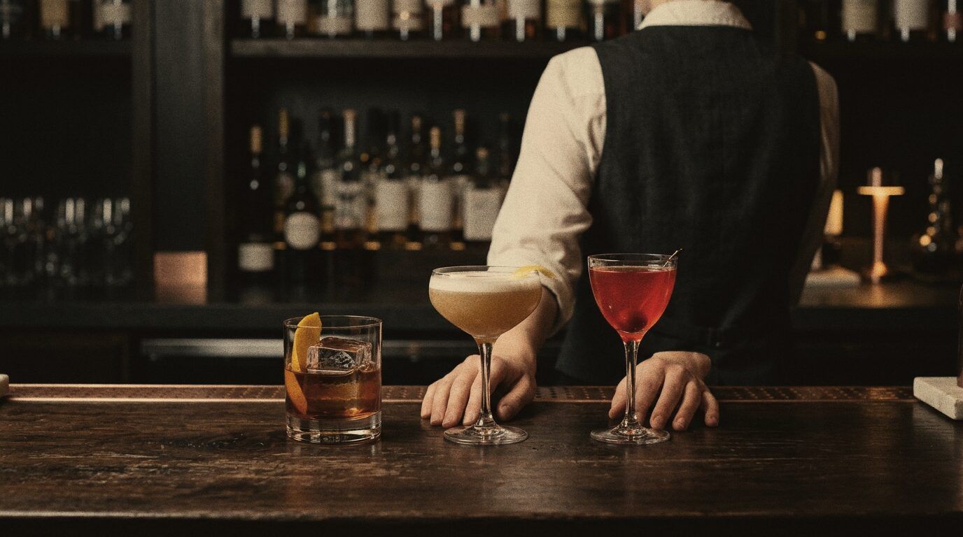 Tres cócteles de autor en cristalería distinta alineados en la barra.