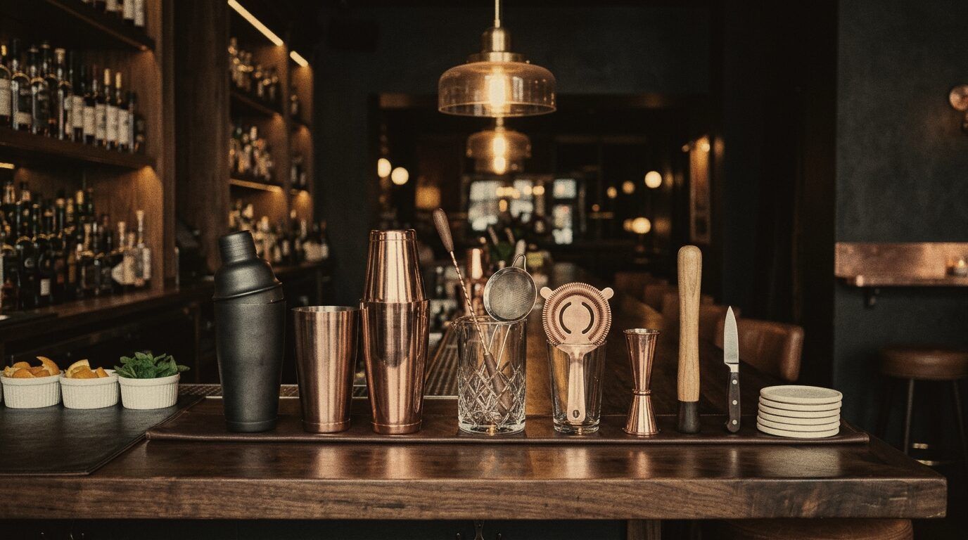 A team of bartenders working at the bar, seen from behind
