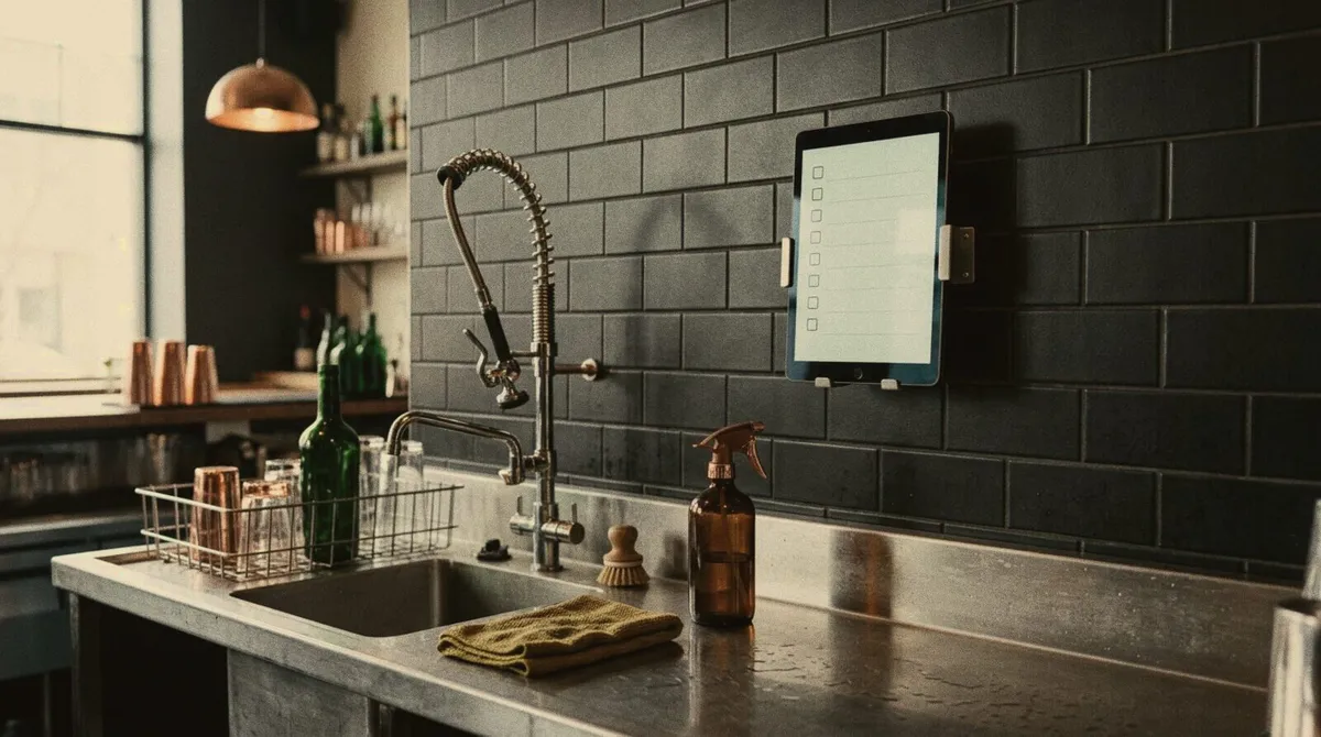 Tablet with a closing and cleaning checklist beside the glasswashing area at the bar