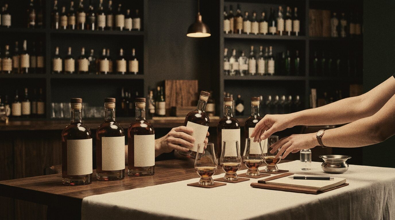 A spirits presentation table with tasting glasses in a restaurant.
