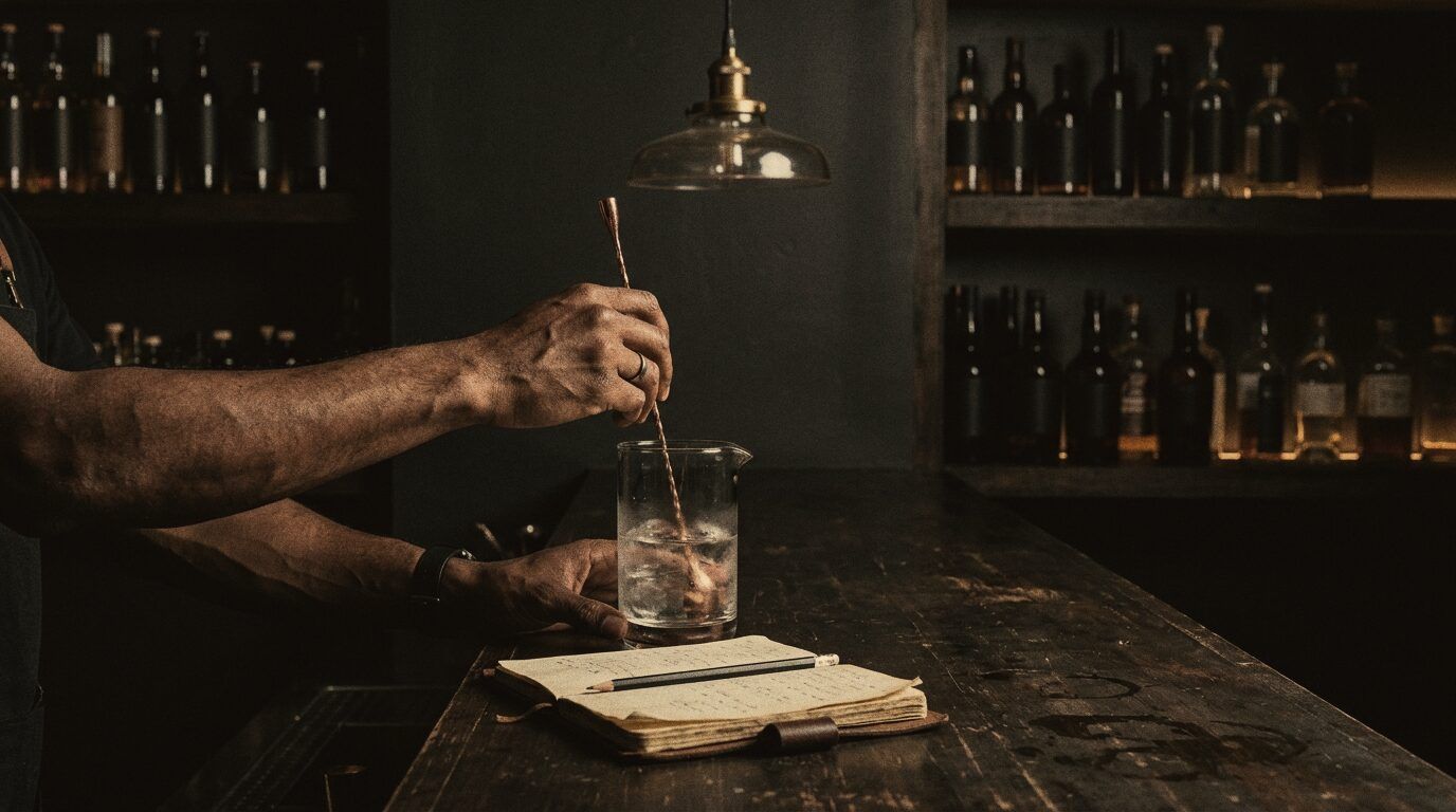 A bartender's hands noting down a recipe in a notebook by the bar