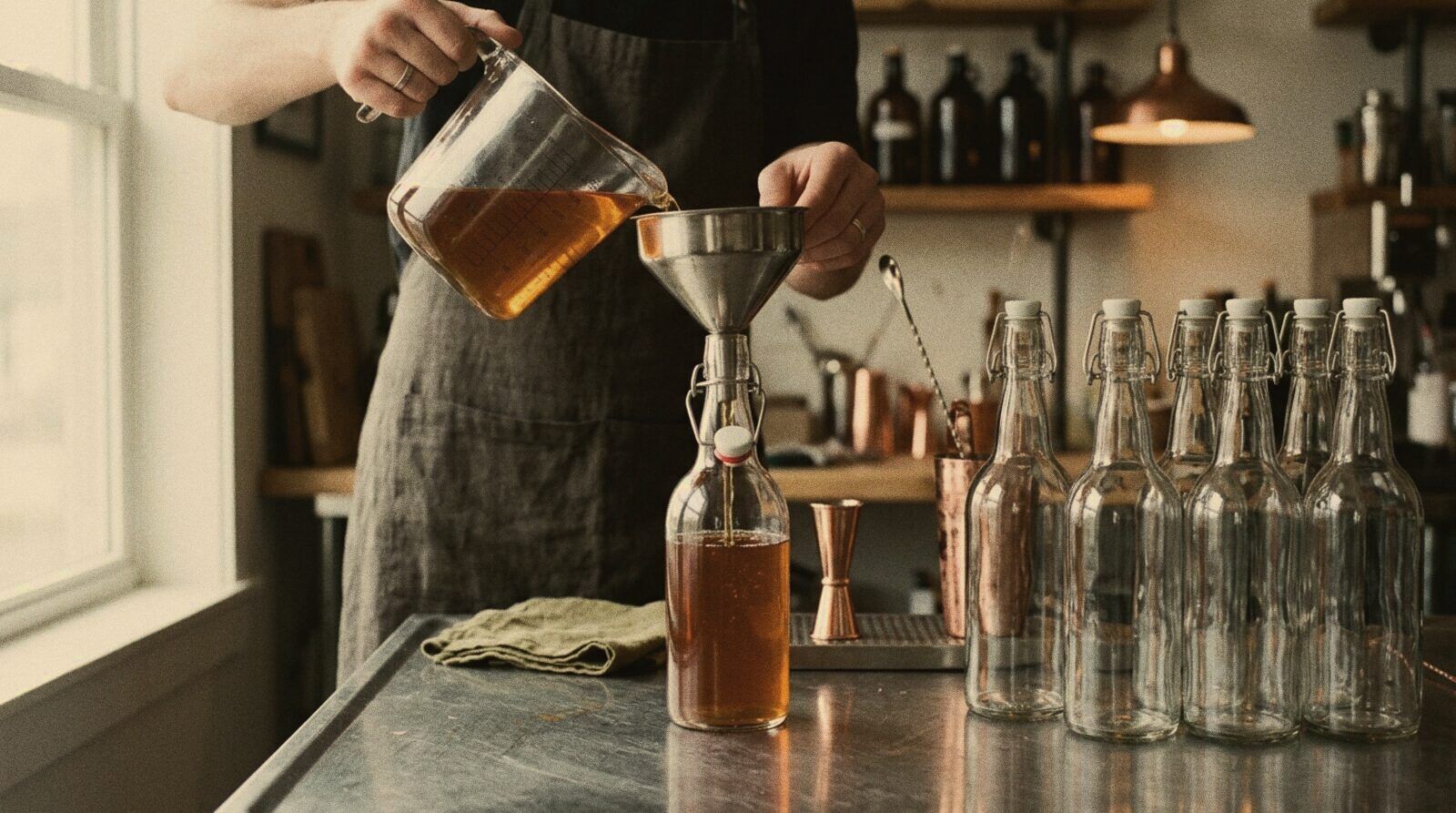 Embotellado de una base de cóctel en batch en la mesa de preparación