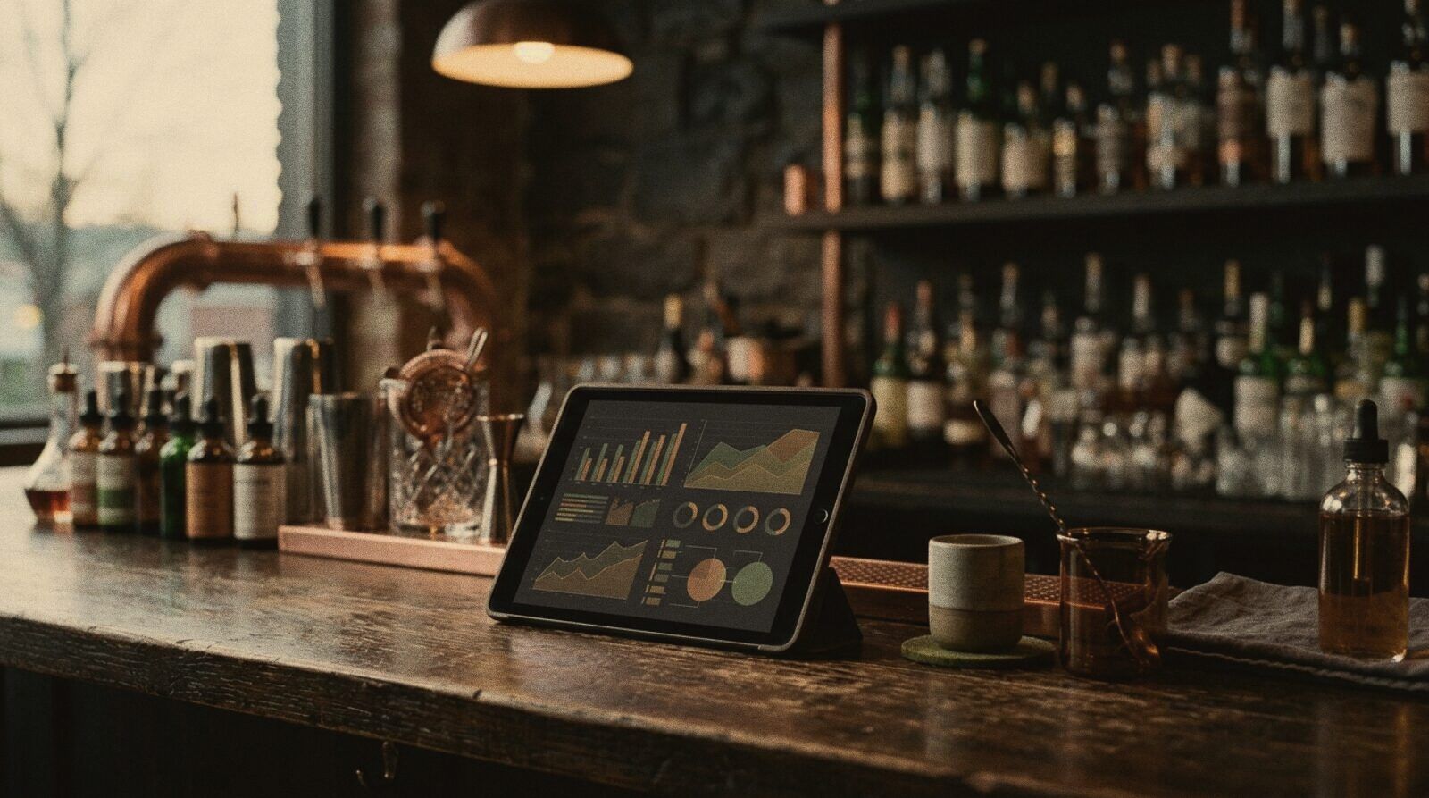 Tablet showing bar data on a cocktail bar top, next to bottles and glassware