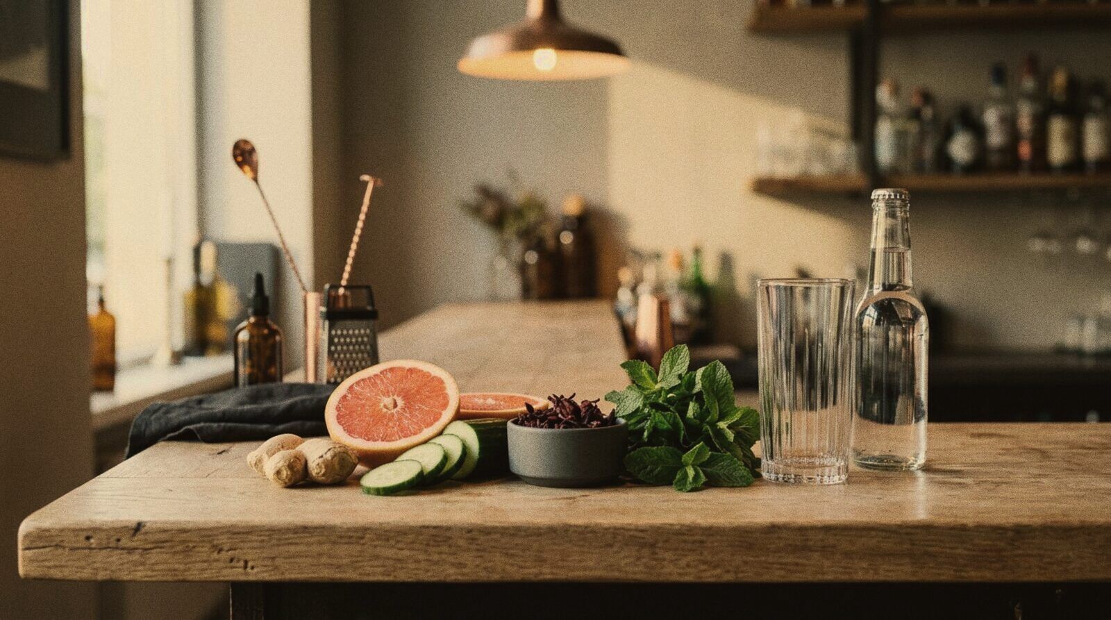 Fresh ingredients for zero-proof cocktails on the bar top, next to an empty tall glass
