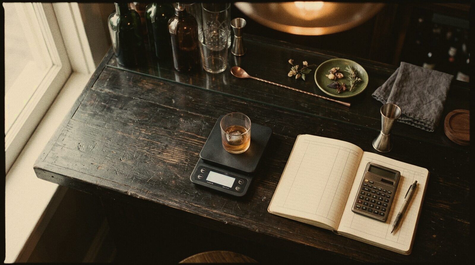 Scale, jigger and costing notebook on the bar top of a cocktail bar before service