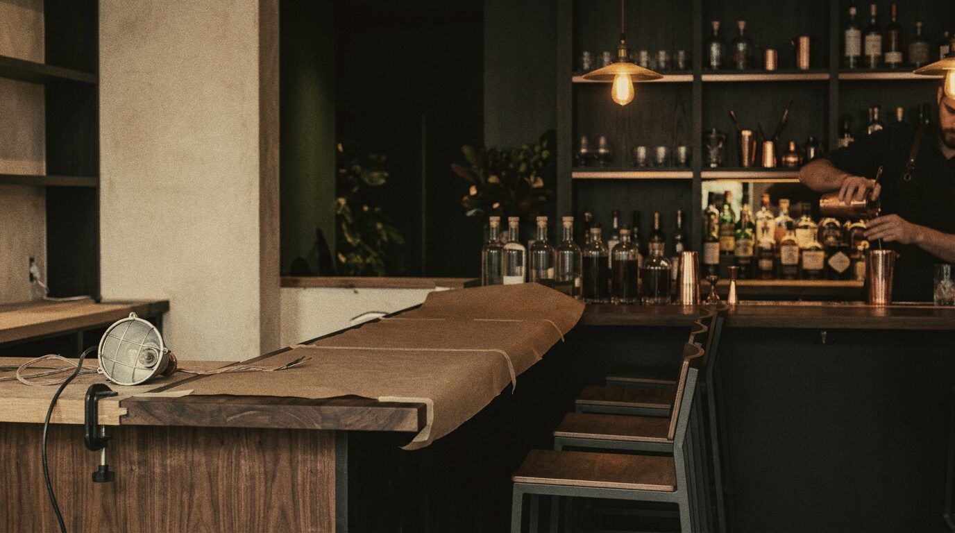 A cocktail bar under construction, with its newly installed walnut bar top, ahead of opening.