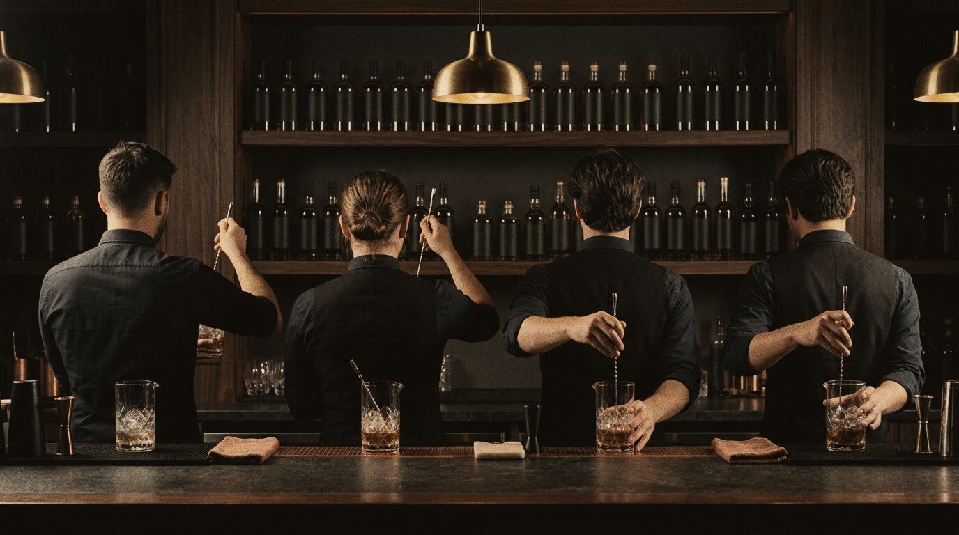 Members of a bar team, seen from behind, practising together behind the counter.