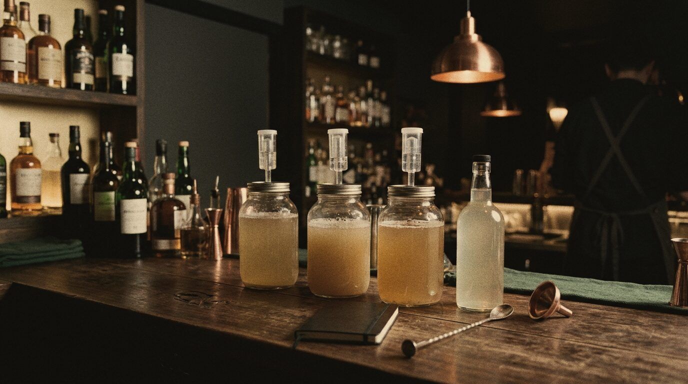 Fermentation jars and cordial bottles in a bar's back-of-house lab.