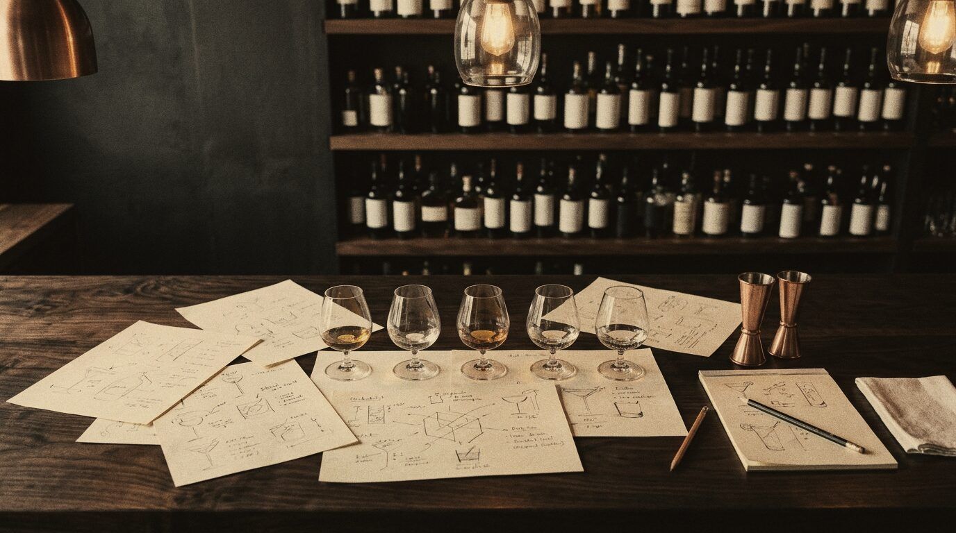 Cocktail sketches on the bar, with a row of tasting glasses, a pencil and a copper jigger.