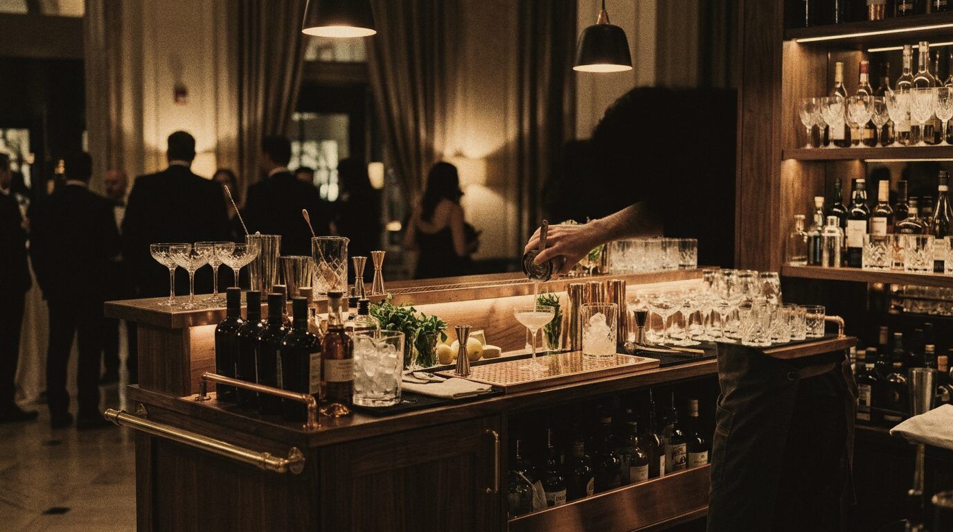 A cocktail bar set up for an event in a hotel.