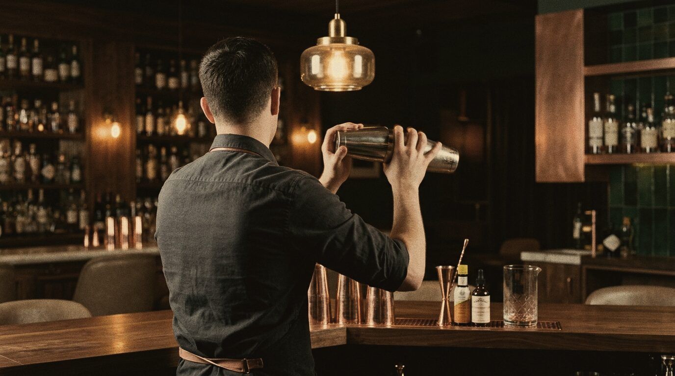A young bartender, seen from behind, practising with a shaker at an empty bar.