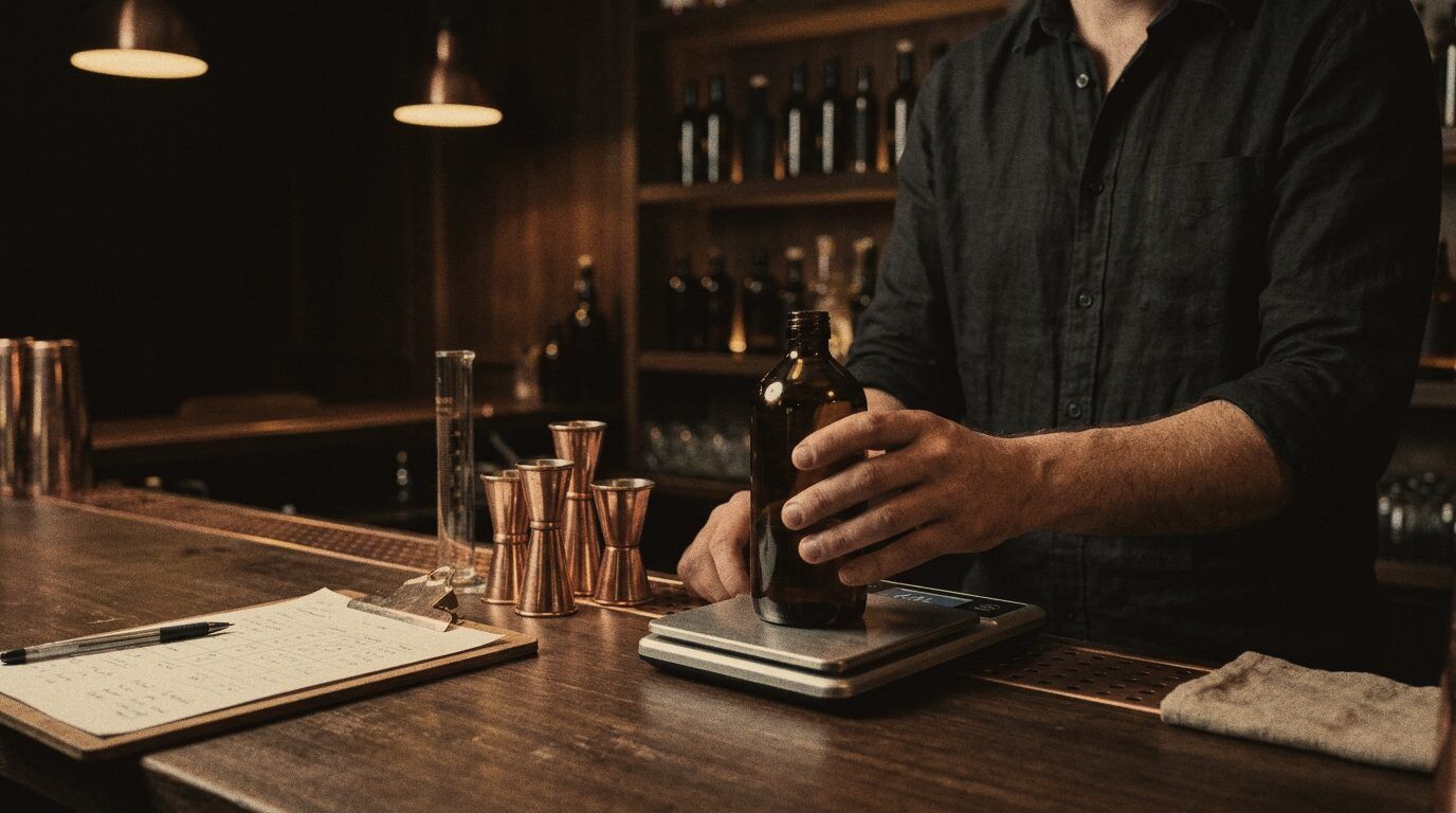 Scales, measures and a costing sheet laid out on the bar.