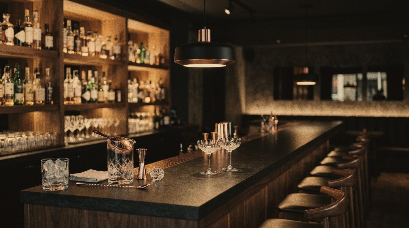 A tidy cocktail bar, seen from behind the counter before service.